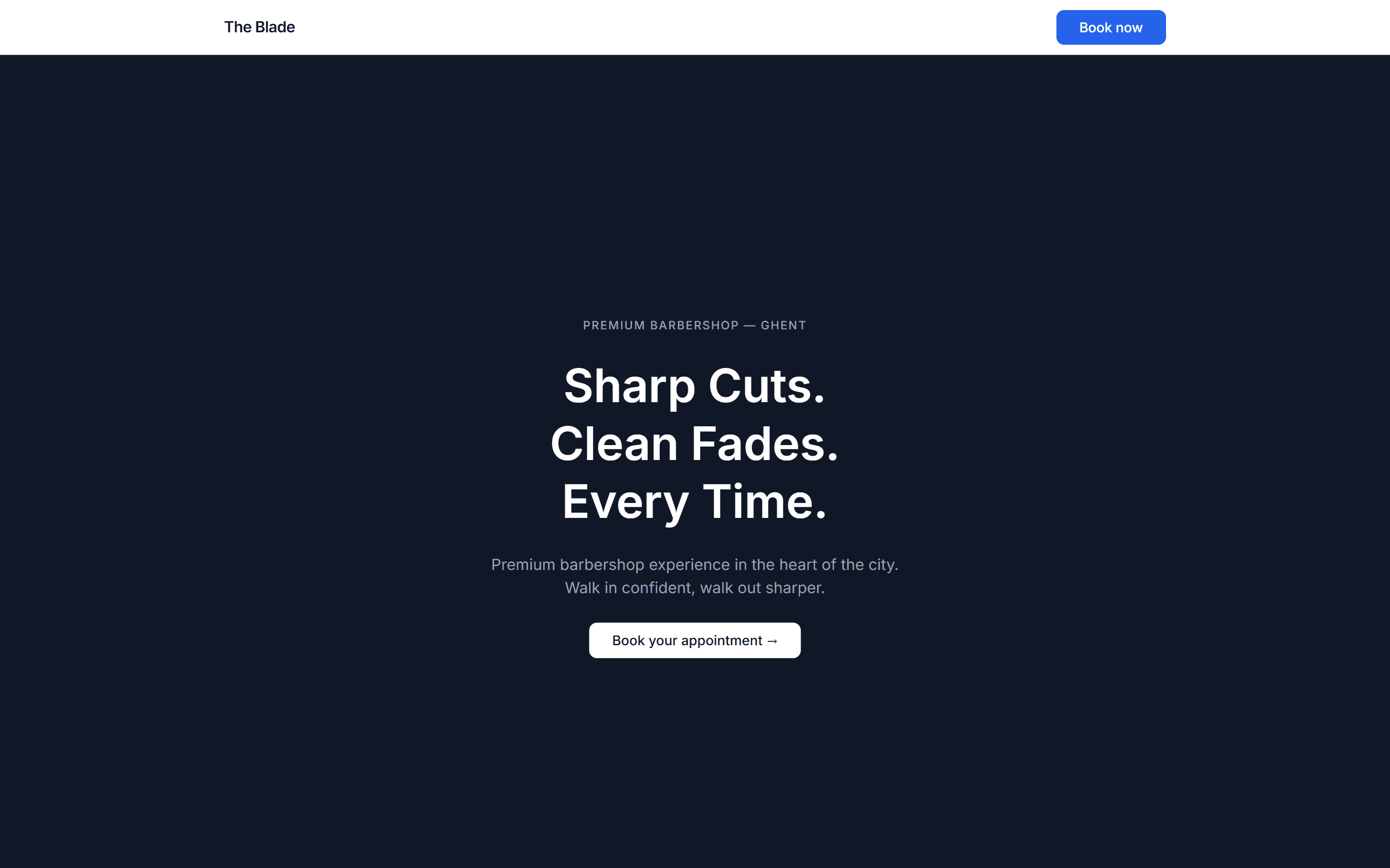 The Blade barbershop homepage with a Book your appointment button