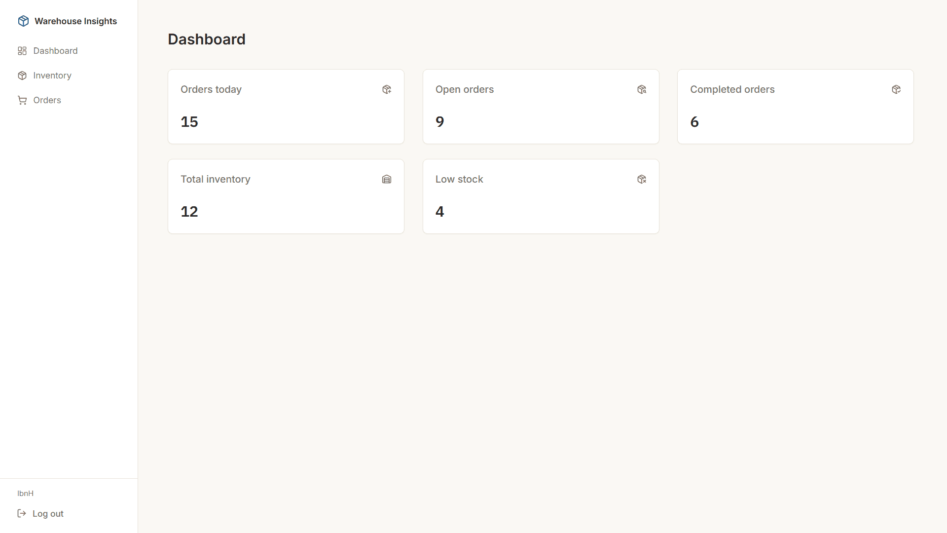 Warehouse Insights dashboard with KPI cards for today's orders, open and completed orders, inventory and low stock