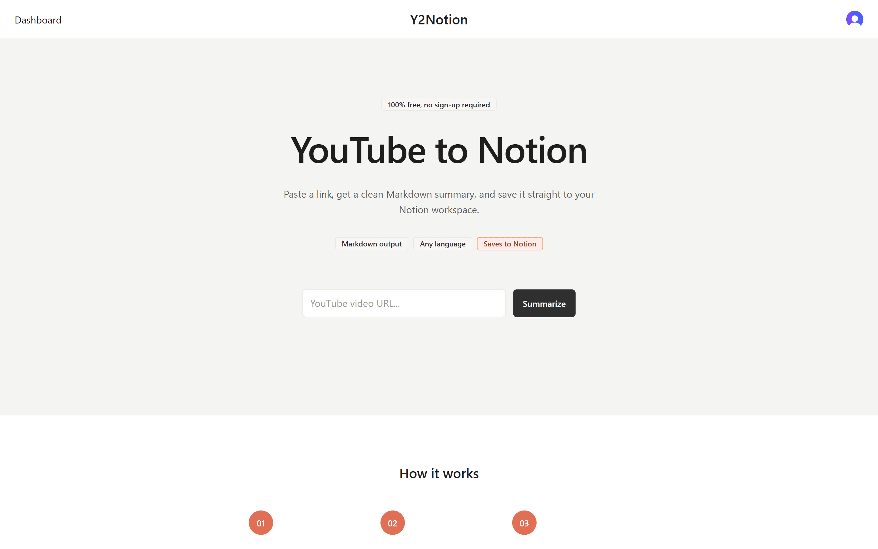 Y2Notion homepage with a YouTube link pasted into the input next to the Summarize button